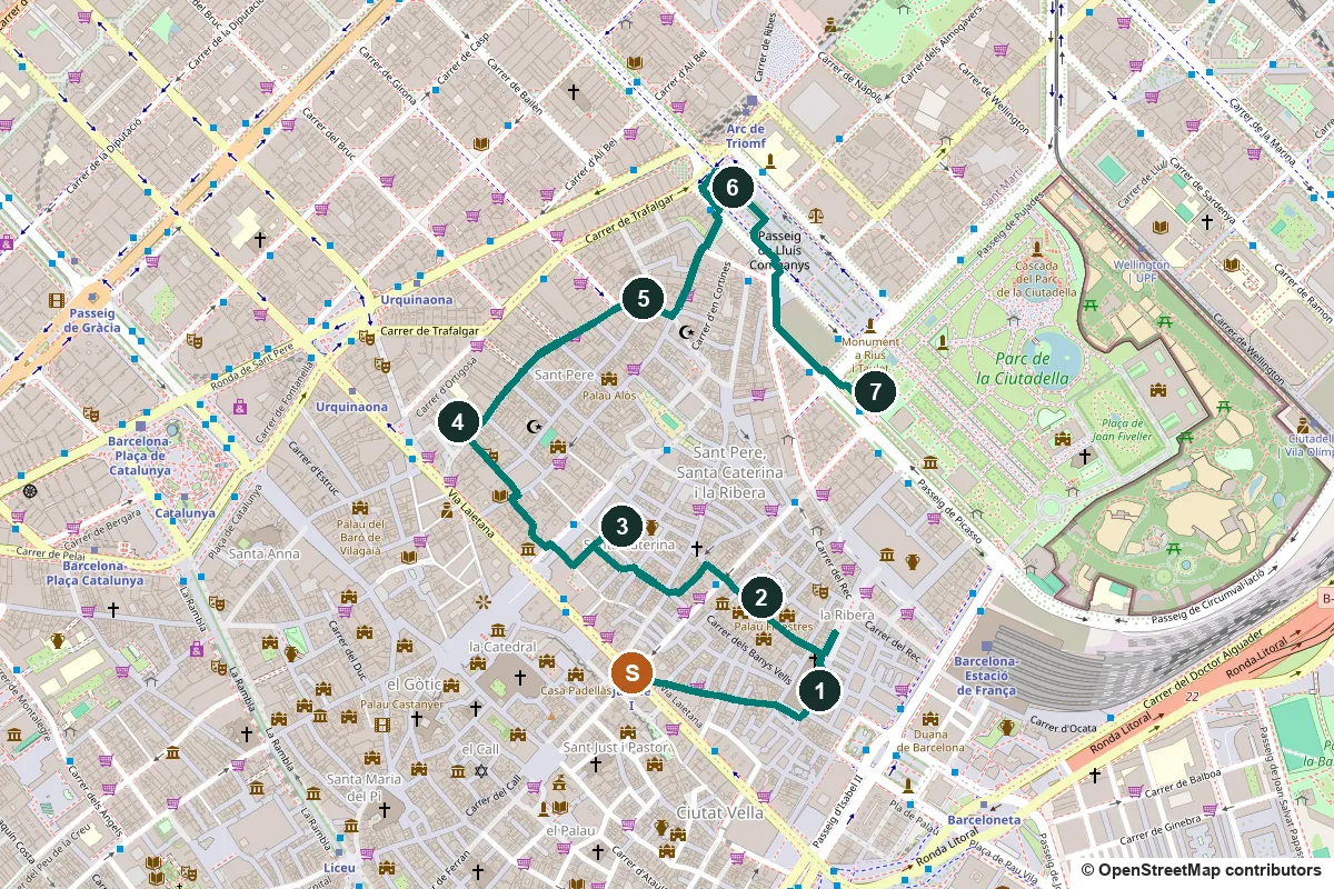Map of the El Born walk from Jaume I metro past Santa Maria del Mar, through seven numbered stops, to the Arc de Triomf and the Parc de la Ciutadella