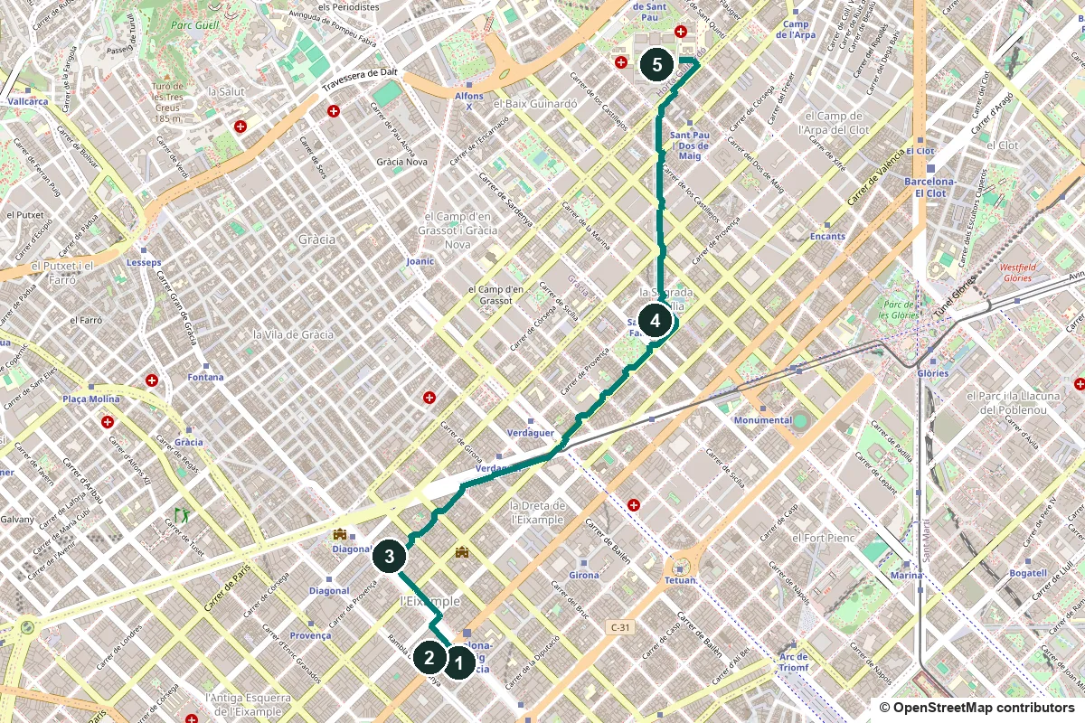 Map of the Gaudí walk from Casa Batlló on Passeig de Gràcia through five numbered stops to the Hospital de Sant Pau