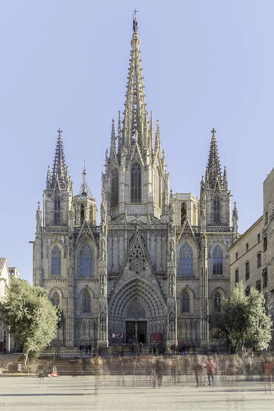 The Gothic front of Barcelona Cathedral with its tall central spire and two side towers
