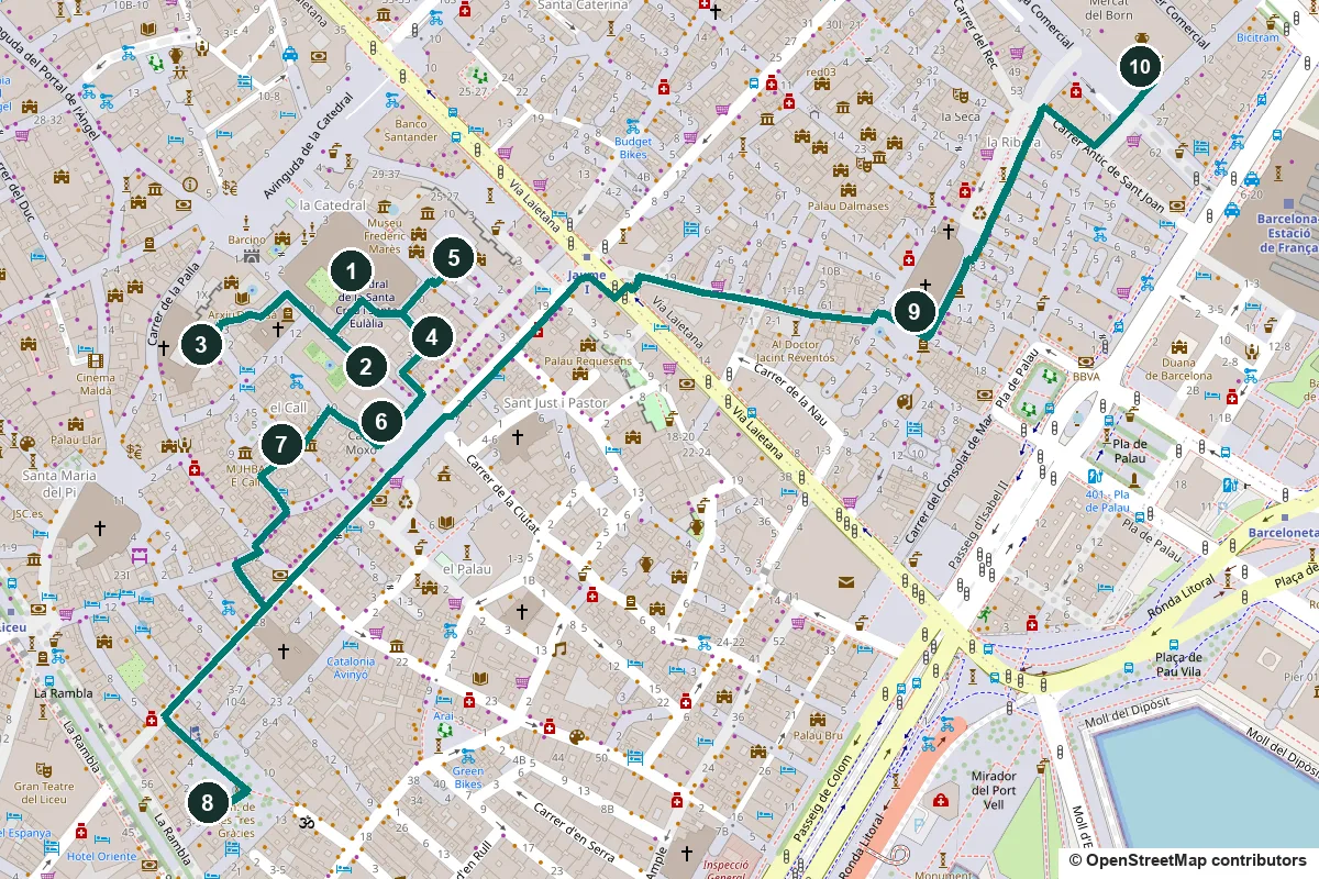 Map of the Gothic Quarter walk: ten numbered stops from Barcelona Cathedral through El Call and Plaça Reial, across Via Laietana to Santa Maria del Mar and the Mercat del Born