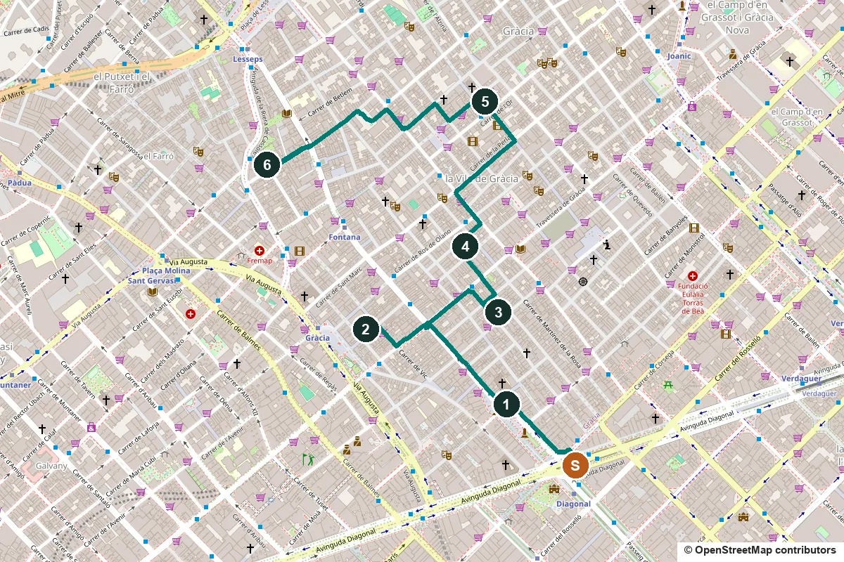 Map of the Gràcia walk from Diagonal metro through six numbered stops to Casa Vicens