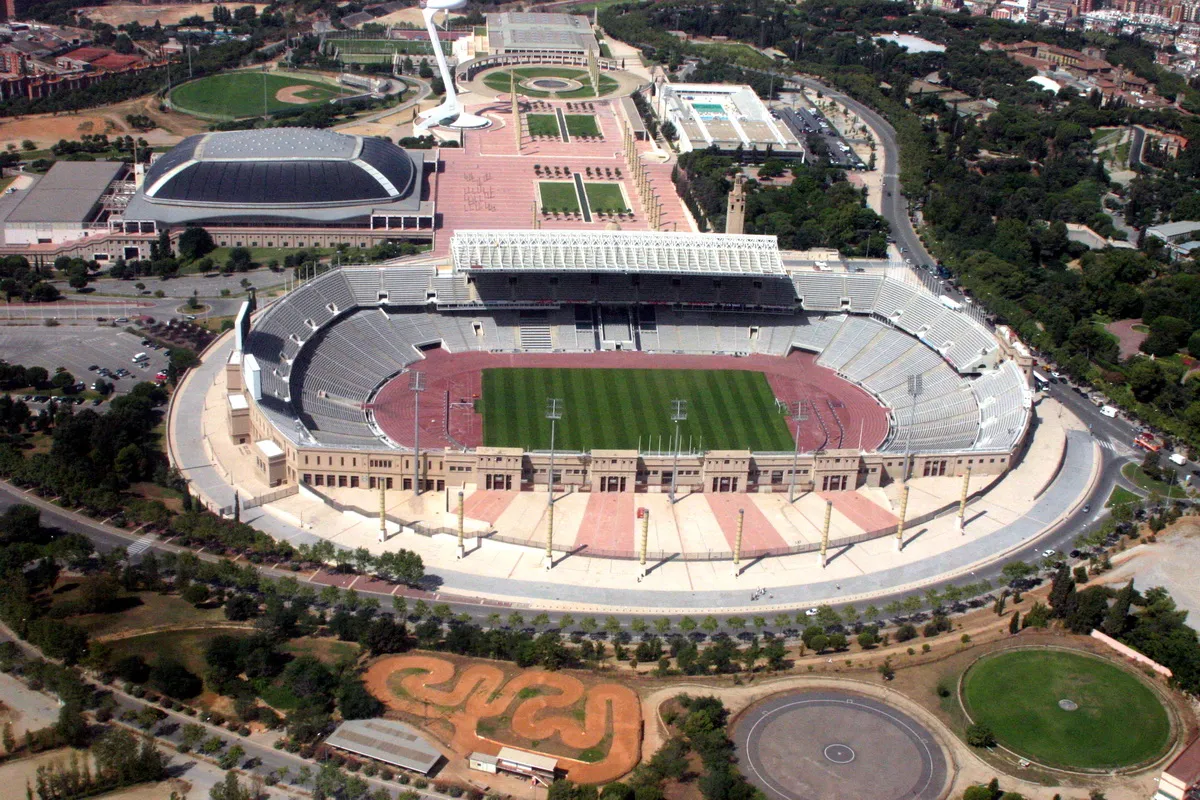 Aerial view of the Olympic stadium, with the Palau Sant Jordi dome and the Calatrava tower behind it