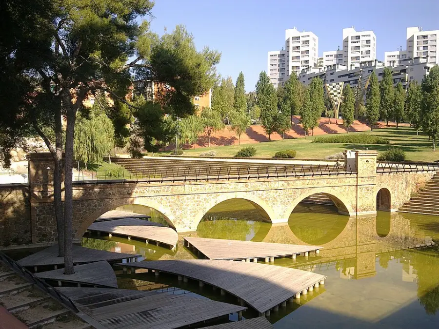 The brick aqueduct bridge with three arches in Parc Central de Nou Barris