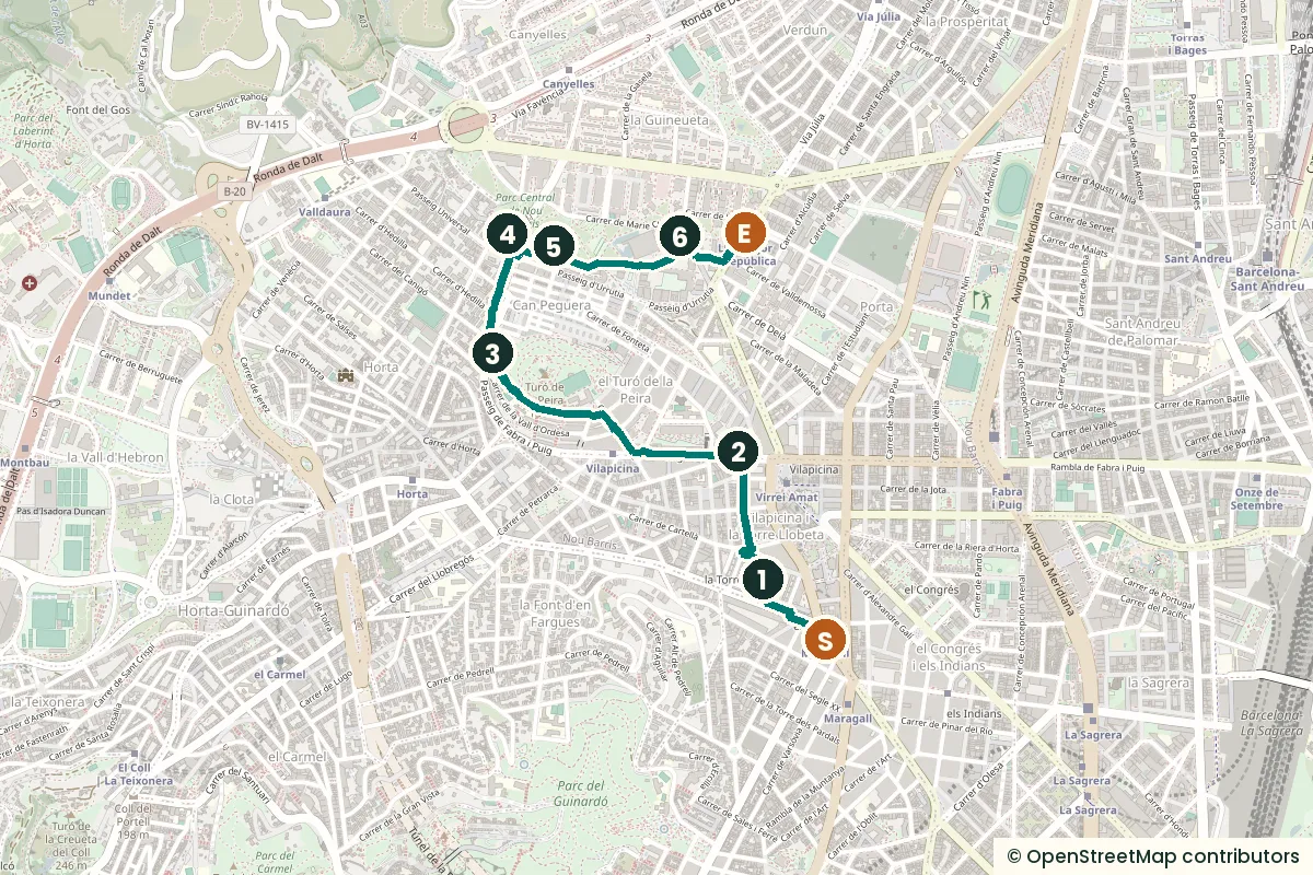 Map of the Nou Barris walk from Maragall metro through six numbered stops to Llucmajor metro