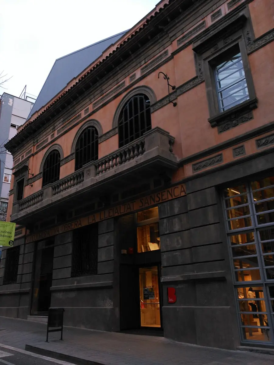 The restored facade of La Lleialtat Santsenca on Carrer d'Olzinelles