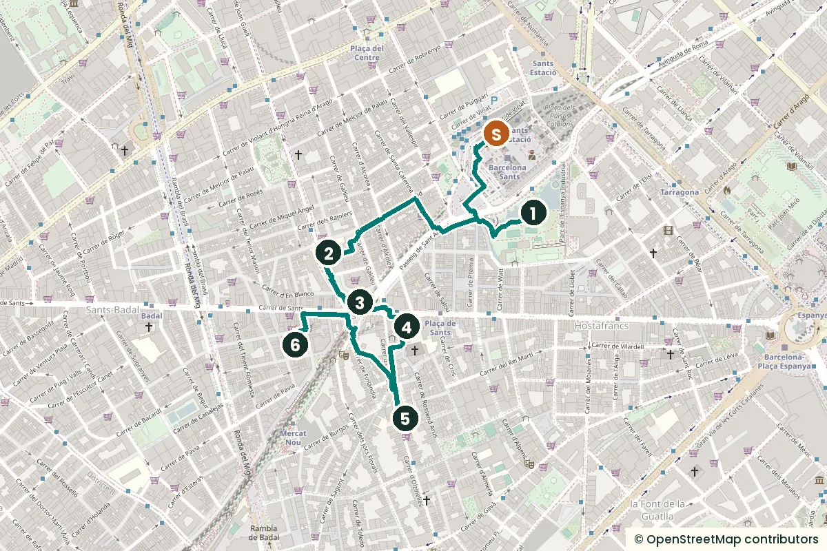 Map of the Sants walk from Sants station through six numbered stops to the Mercat de Sants