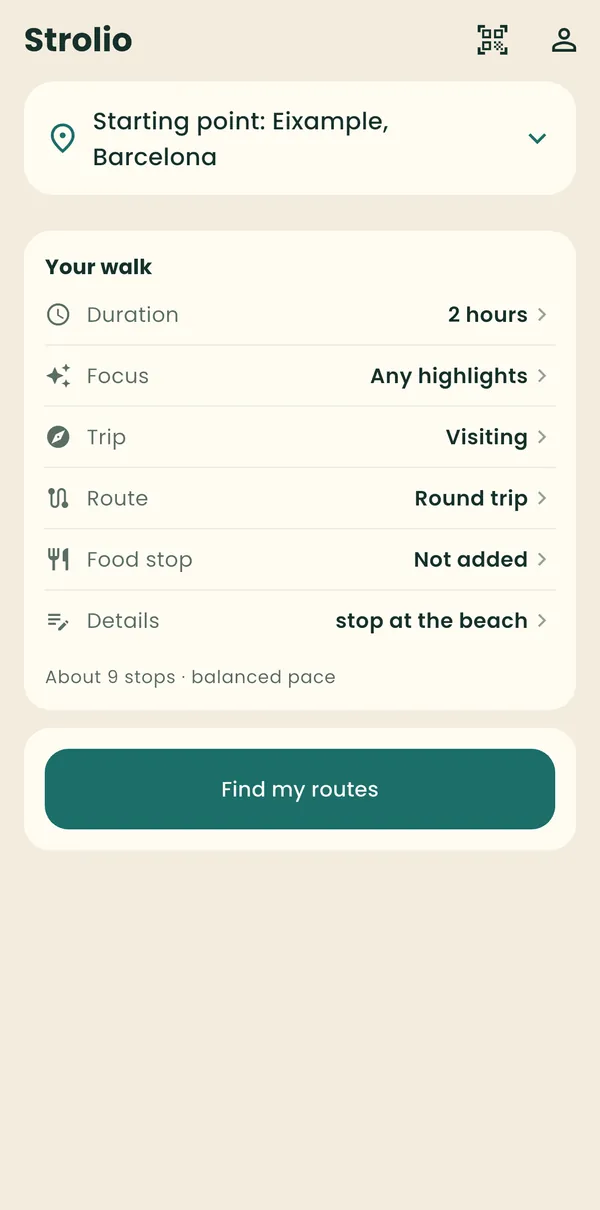 Strolio walk setup: starting point in Eixample, Barcelona, a 2-hour round trip with any highlights