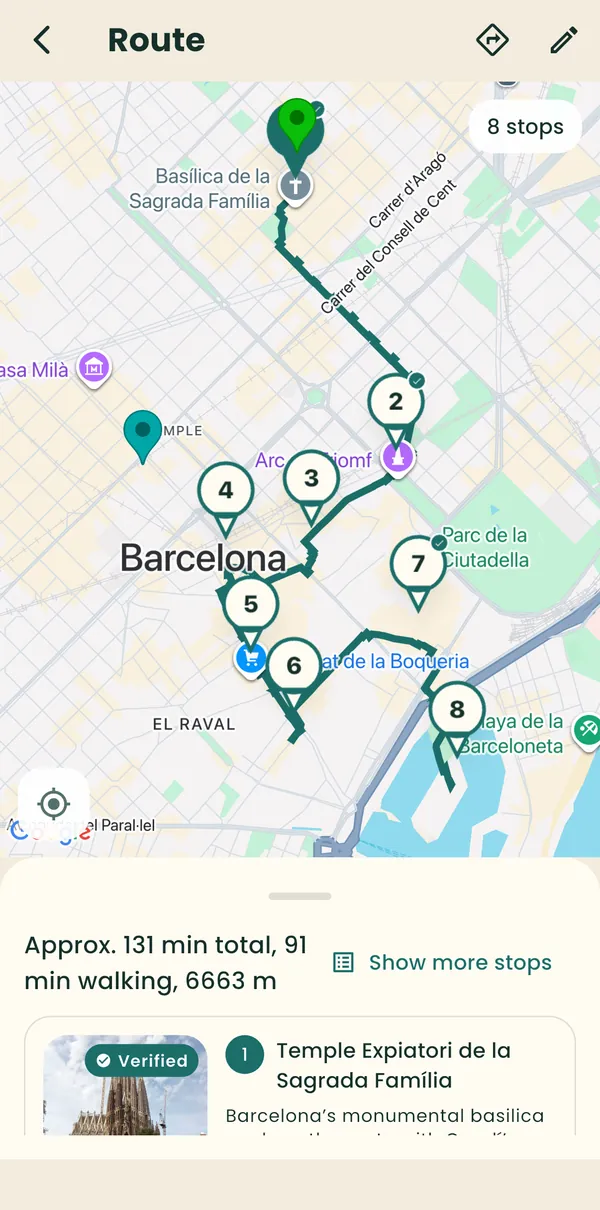 Strolio route map of Barcelona with 8 numbered stops, about 131 minutes and 6.6 km in total