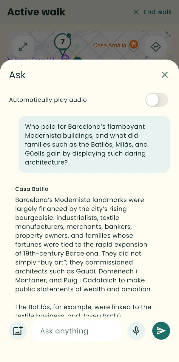 Strolio answering a question about who paid for Barcelona's Modernista buildings, at Casa Batlló