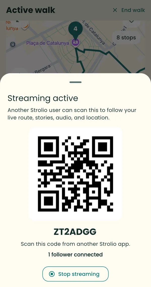 Strolio streaming screen with a code to scan and 1 follower connected