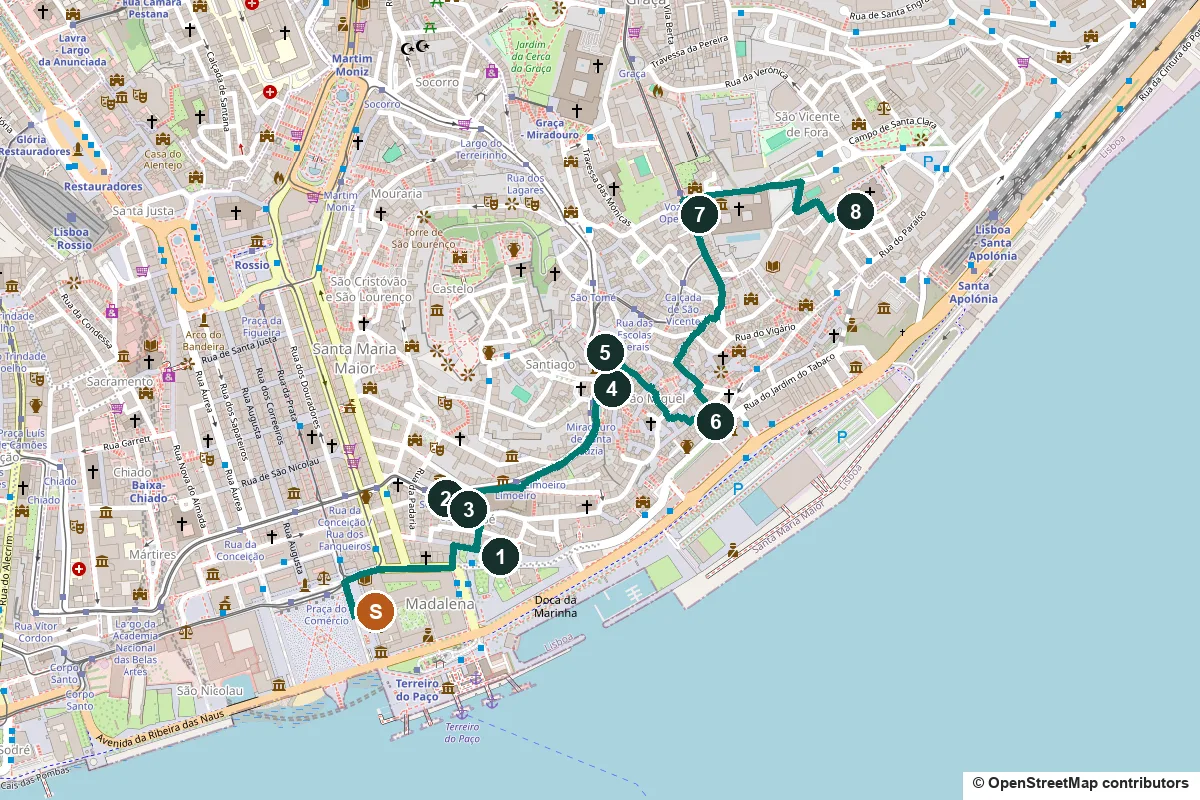 Map of the Alfama walk from Praça do Comércio through eight numbered stops, up to the Santa Luzia viewpoint, down to the fado museum and up to São Vicente and the National Pantheon