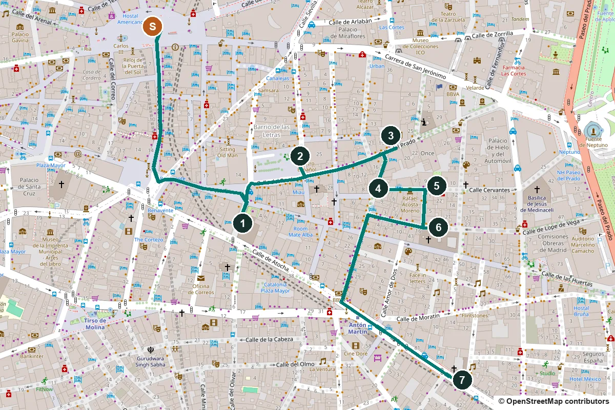 Map of the Barrio de las Letras walk from Puerta del Sol through seven numbered stops to Calle de Atocha near Antón Martín